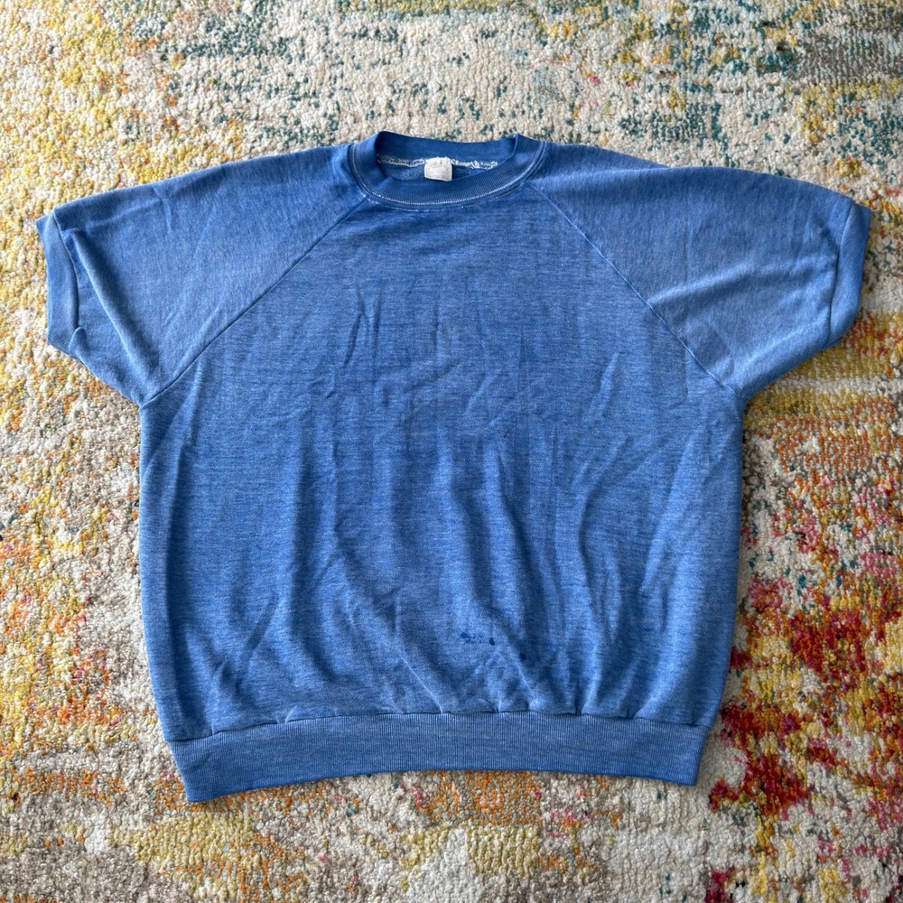 Vintage 80s Sweatshirt Mens XL Blue Faded Short Sleeve Raglan 70s Sportswear